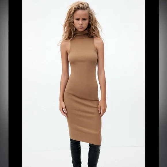 Zara HIGH COLLAR RIB DRESS in LARGE - Picture 4 of 7